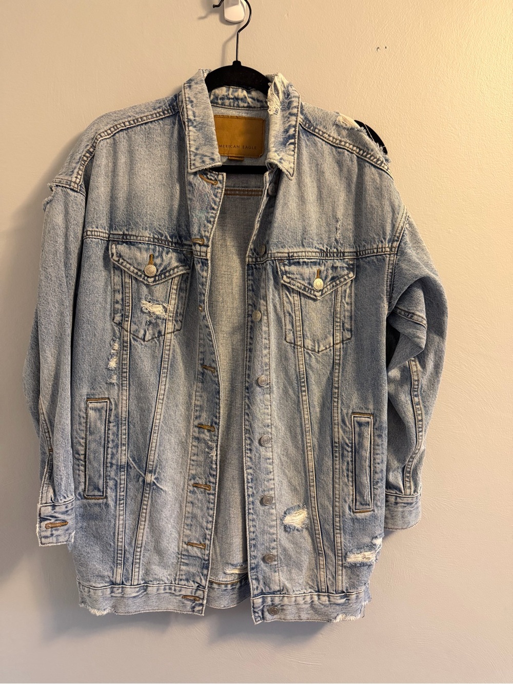 American Eagle Outfitters Light Blue Oversized Distressed Denim Jacket